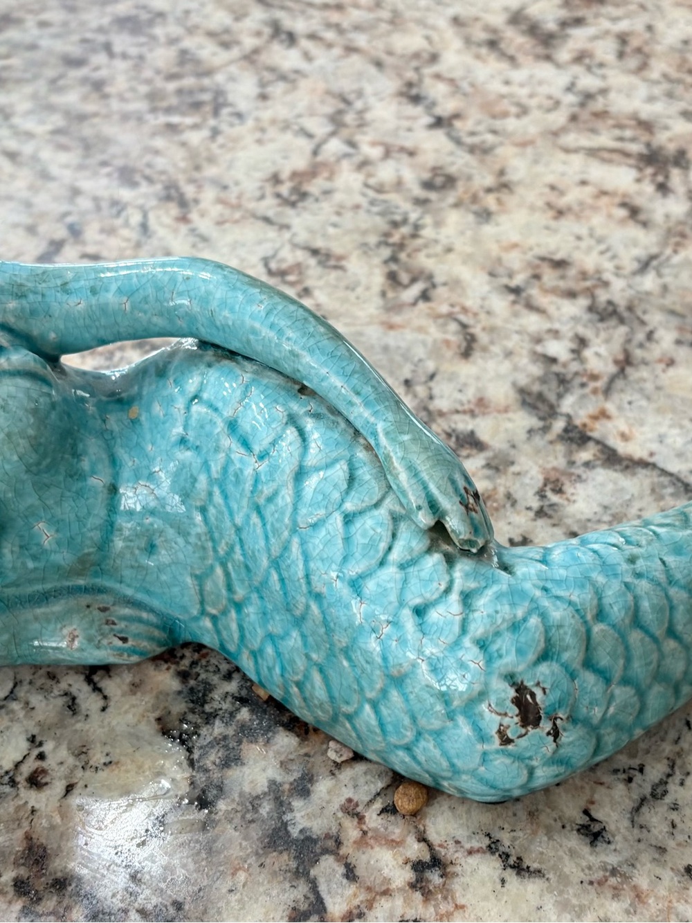 Glossy Blue Green Ceramic Mermaid Statue W/ Distressed Antique Finish 13.5" - Picture 5 of 9